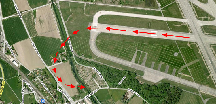 Piper 31 HB-LTC trajectoire apres la panne moteur