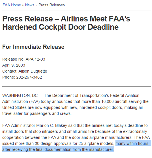 La FAA Approuve les portes en quelques heures ! 